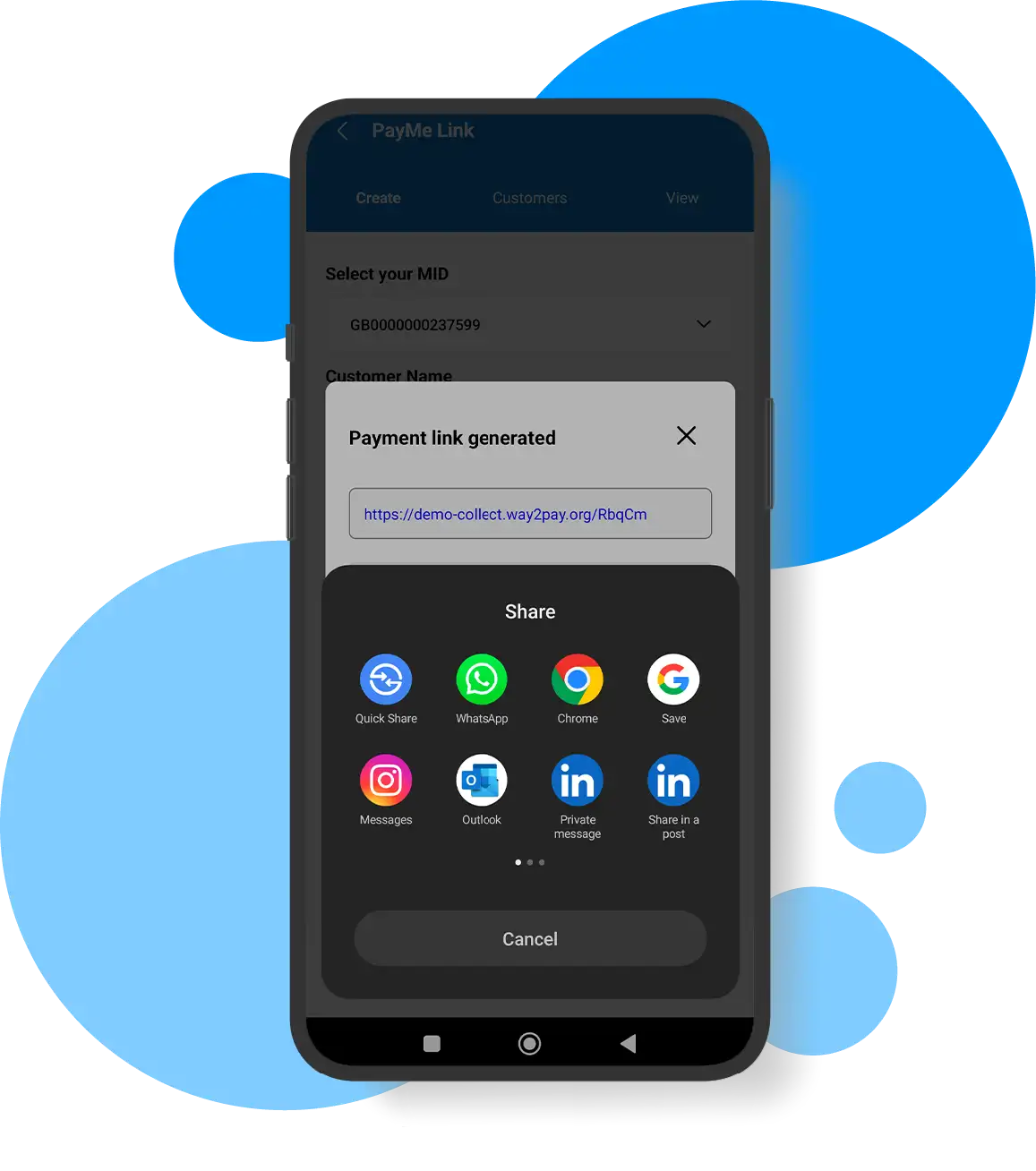 Payment link generated in dark mode