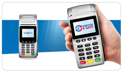 Hand holding a Card Payment Machine with Switch & Save on the screen