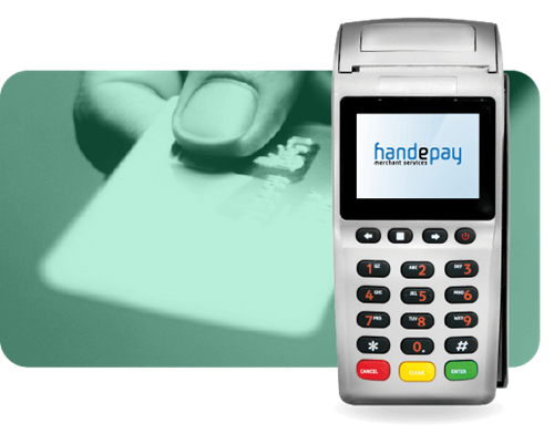 Hand holding card payment with Handepay Card Machine to the right