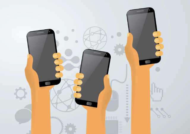 Graphic of 3 hands holding mobile phones in the air