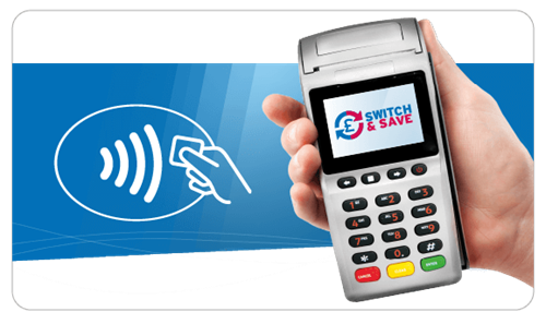 Contactless payment icon with a hand holding Handepay Card Payment Machine