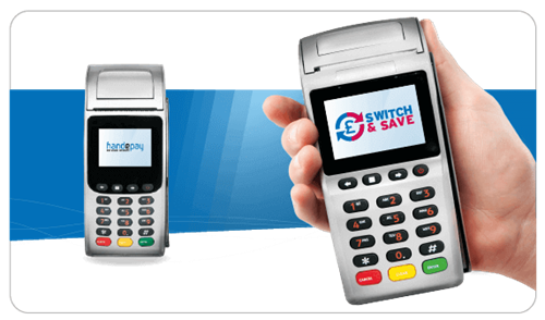 Handepay Card Payment Machine being held with Switch & Save on the screen
