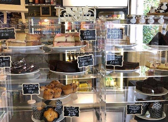 Cakes on display in cafe
