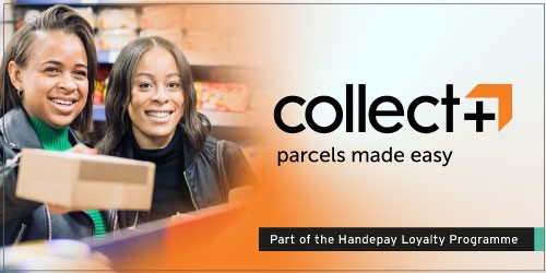 Collect+ showing two people handling a parcel